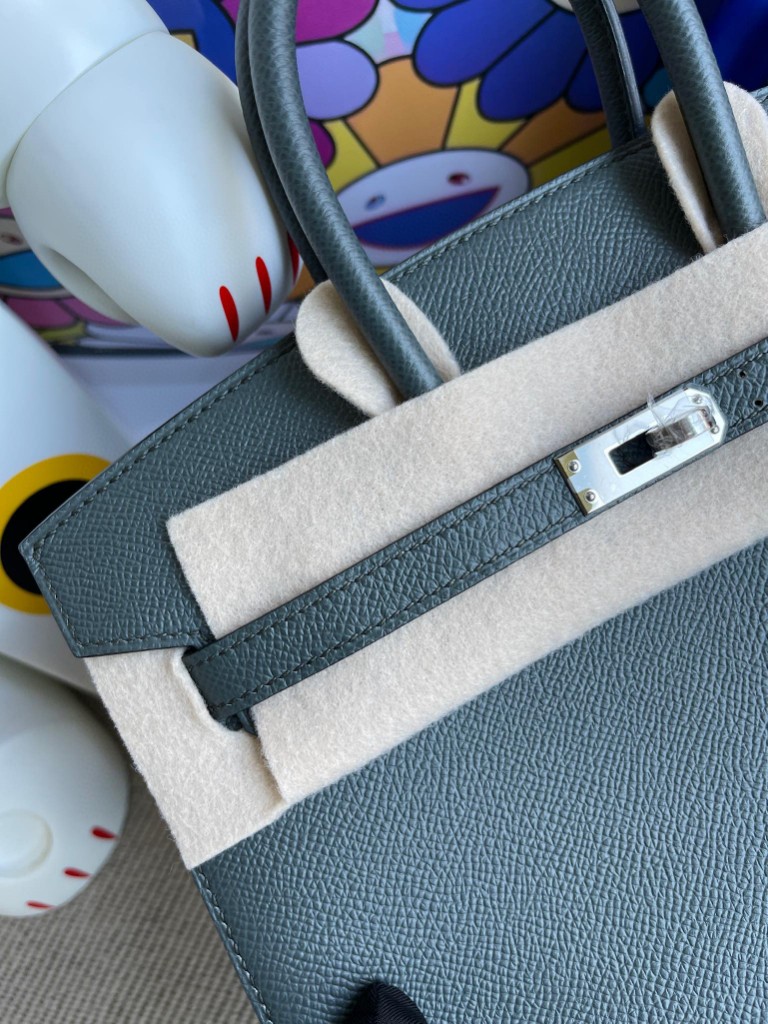 Hermès（爱马仕）Birkin 铂金包 Epsom 原厂掌纹皮灰 绿色 银扣 25cm 顶级手缝
