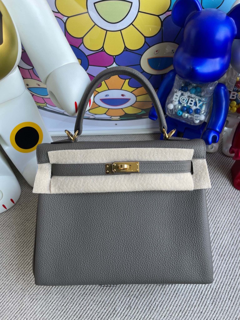 Hermès（爱马仕）Kelly 凯莉包 原厂小牛皮 togo 8F 锡器灰 etain 金扣 25cm 顶级手缝
