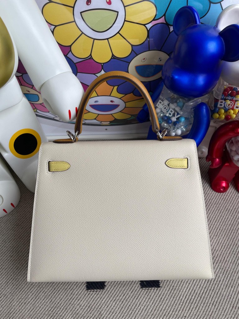 Hermès（爱马仕）Kelly 凯莉包 Epsom 原厂掌纹皮 奶油白拼芝麻色拼小鸡黄 银扣 马蹄印 25cm