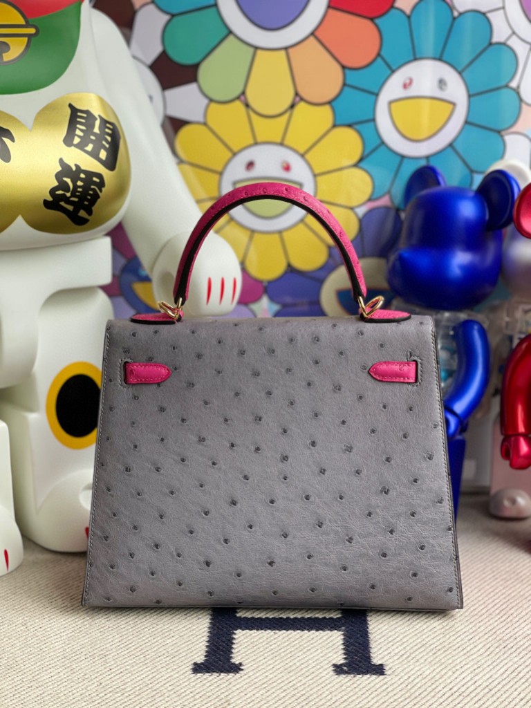 Hermès（爱马仕）Kelly 凯莉包 Ostrich kk鸵鸟 玛瑙灰拼桃粉 金扣 25cm 马蹄印 顶级手缝
