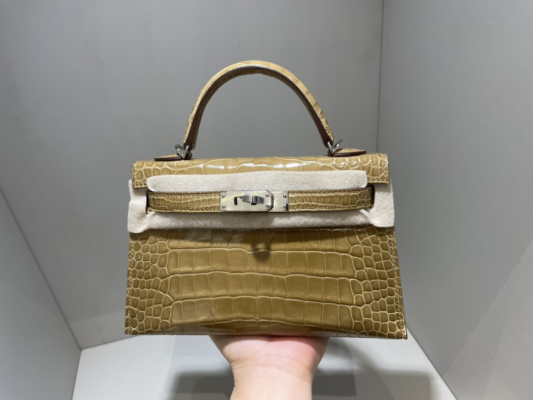 Hermès（爱马仕）Mini kelly ll Alligator shiny 亮面鳄鱼 奶茶色 金扣 顶级手缝 现货