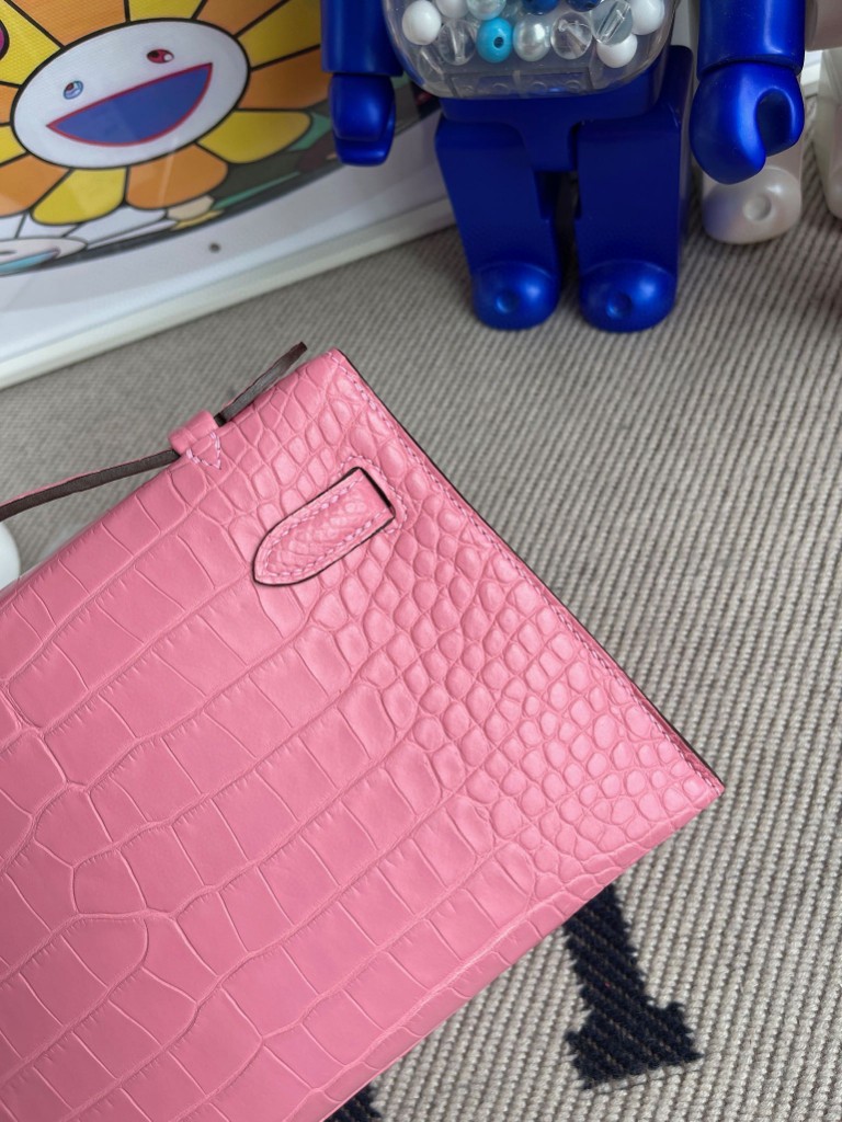 Hermès（爱马仕）mini kelly pochette Alligator matt 雾面鳄鱼 5p 樱花粉 金扣 22cm 手拿包 晚宴包