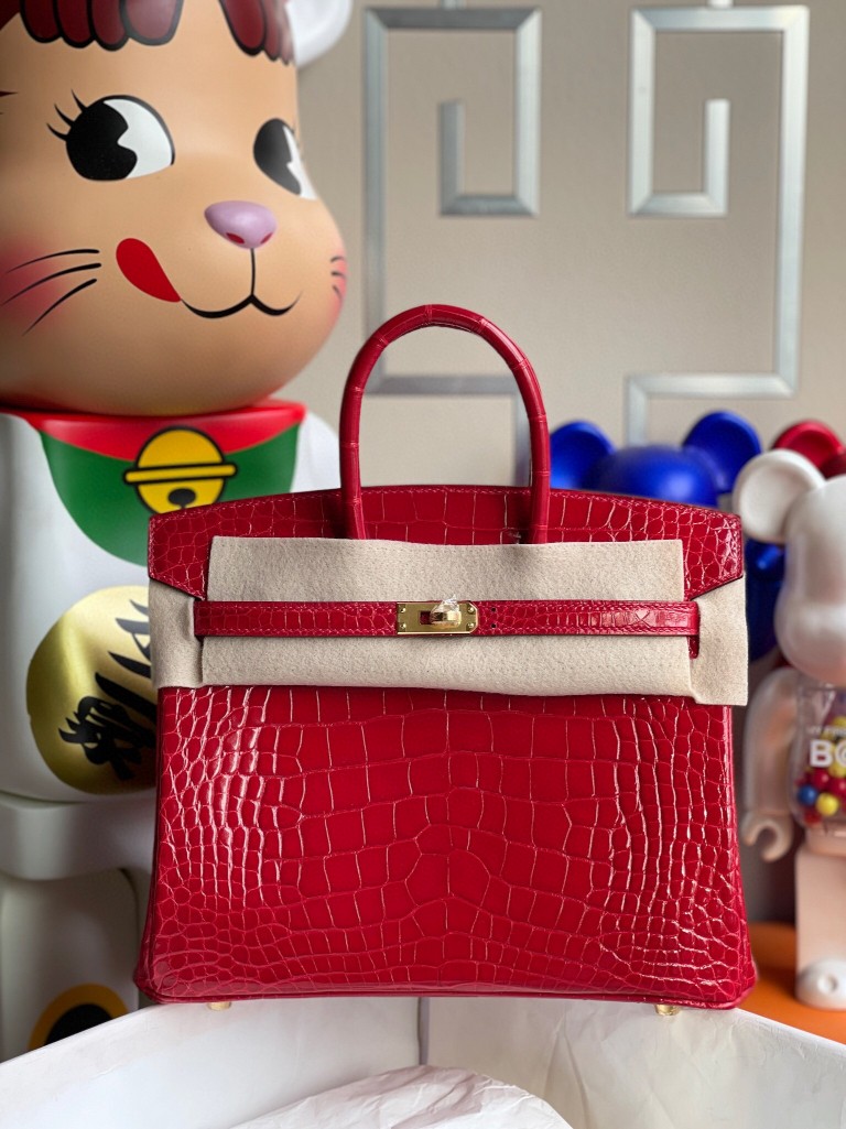 Hermès（爱马仕）Birkin 铂金包 Alligator shiny 亮面鳄鱼 ck95 法拉利红 Braise 金扣 25cm 顶级手缝 现货