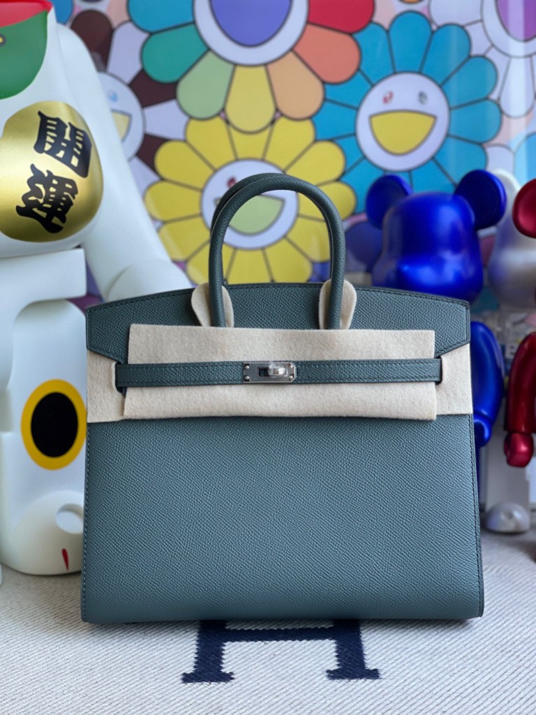 Hermès（爱马仕）Birkin 铂金包 Epsom 原厂掌纹皮灰 绿色 银扣 25cm 顶级手缝
