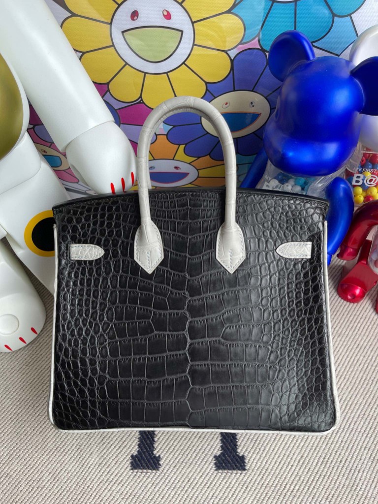 Hermès（爱马仕）Birkin 铂金包 Alligator 马蹄雾面鳄鱼 ck89 黑色 拼 ck80 珍珠灰 磨砂金扣 马蹄印 25cm
