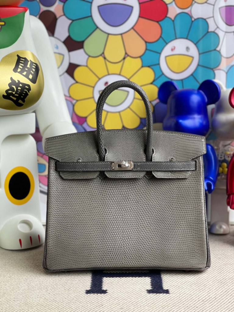 Hermès（爱马仕）Birkin 铂金包 Lizard 进口亮面蜥蜴 斑鸠灰 拼 锡器灰 银扣 25cm 顶级手缝