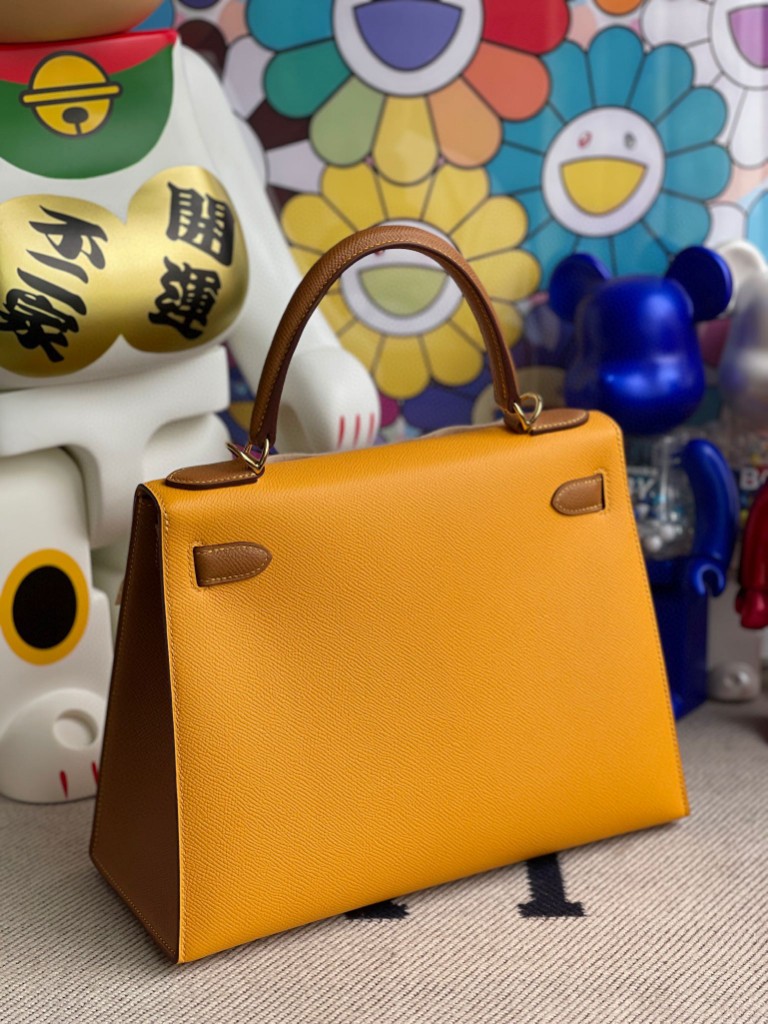 Hermès（爱马仕）Kelly 凯莉包 Epsom 原厂掌纹皮 9V 太阳黄 拼 金棕色 金扣 马蹄印 28cm 顶级手缝