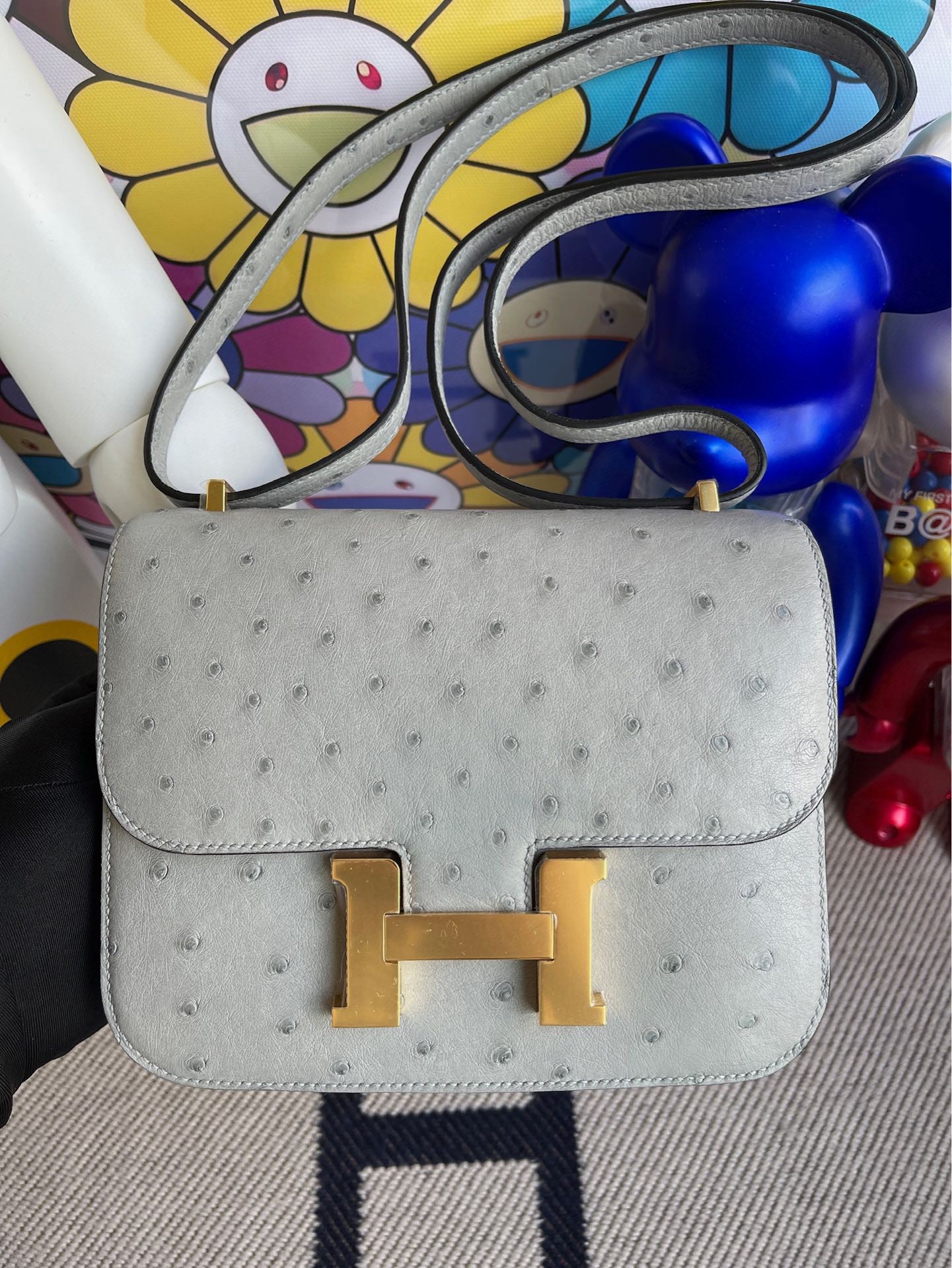 Hermès（爱马仕）Constance 空姐包 Ostrich kk鸵鸟 8U 冰川蓝 Blue glacier 金扣 18cm 顶级手缝