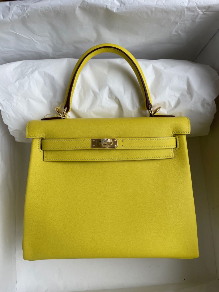 Hermès（爱马仕）Kelly 凯莉包 Swift 9R 柠檬黄 金扣 25cm 顶级手缝