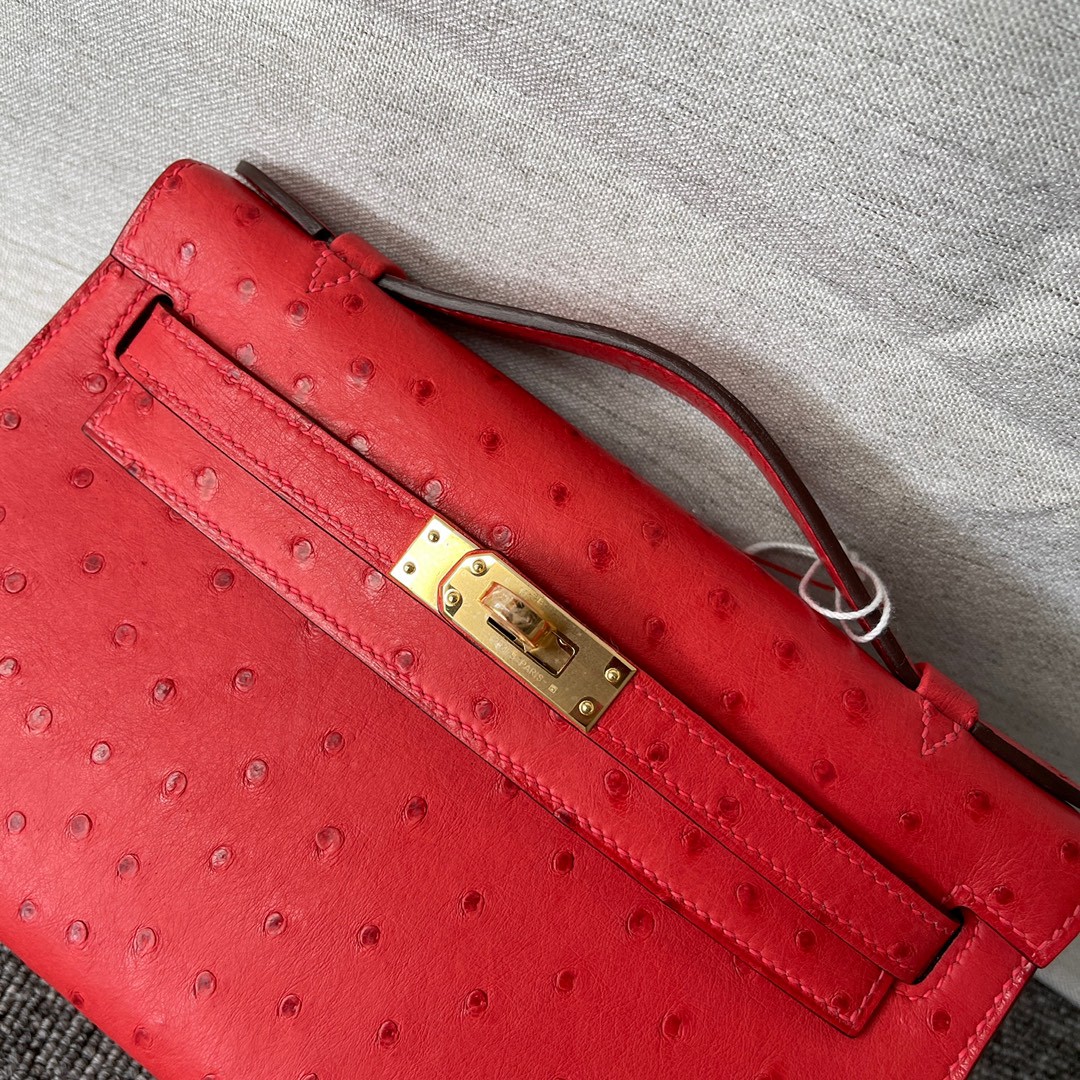 Hermès（爱马仕）Mini kelly pochette Q5 国旗红 鸵鸟皮 金扣 22cm 顶级手缝 手拿包 晚宴包