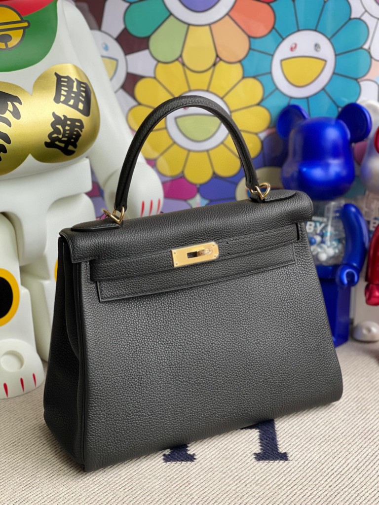 Hermès（爱马仕）Kelly 凯莉包 原厂小牛皮 Togo ck89 黑色 Noir 金扣 28cm 顶级手缝