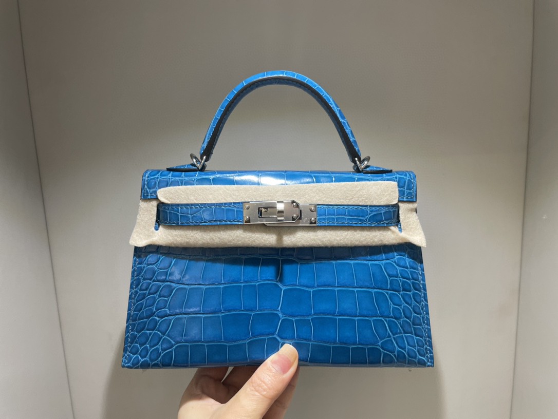 Hermès（爱马仕）Mini kelly ll Alligator shiny 亮面鳄鱼 7W 伊兹密尔蓝 银扣 顶级手缝 现货