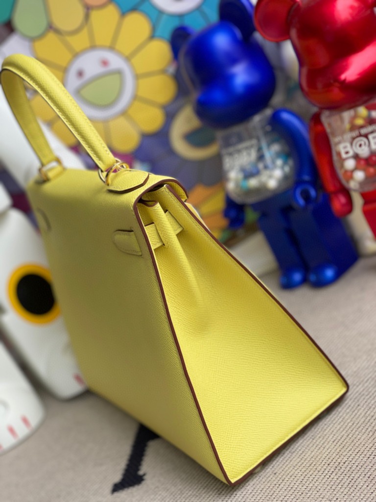 Hermès（爱马仕）Kelly 凯莉包 Epsom 原厂掌纹皮 9R 柠檬黄 Lime 金扣 28cm 顶级手缝