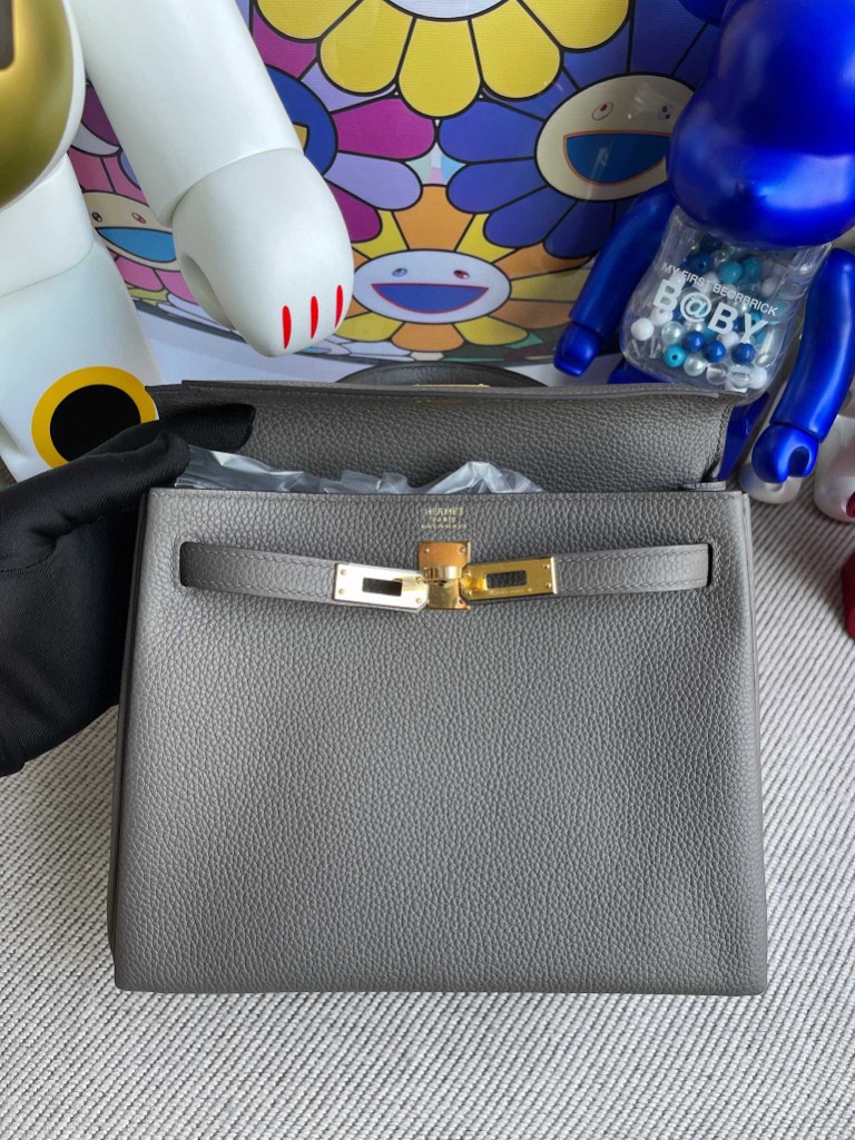 Hermès（爱马仕）Kelly 凯莉包 原厂小牛皮 togo 8F 锡器灰 etain 金扣 25cm 顶级手缝