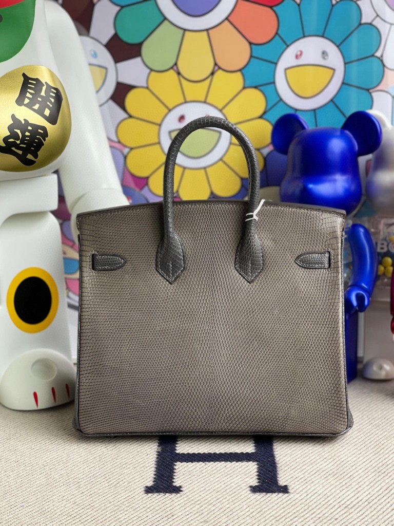 Hermès（爱马仕）Birkin 铂金包 Lizard 进口亮面蜥蜴 斑鸠灰 拼 锡器灰 银扣 25cm 顶级手缝