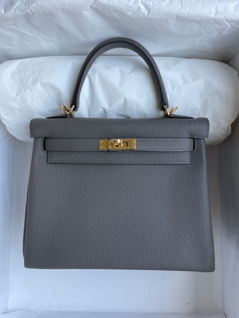 Hermès（爱马仕）Kelly 凯莉包 原厂小牛皮 togo 8F 锡器灰 etain 金扣 25cm 顶级手缝