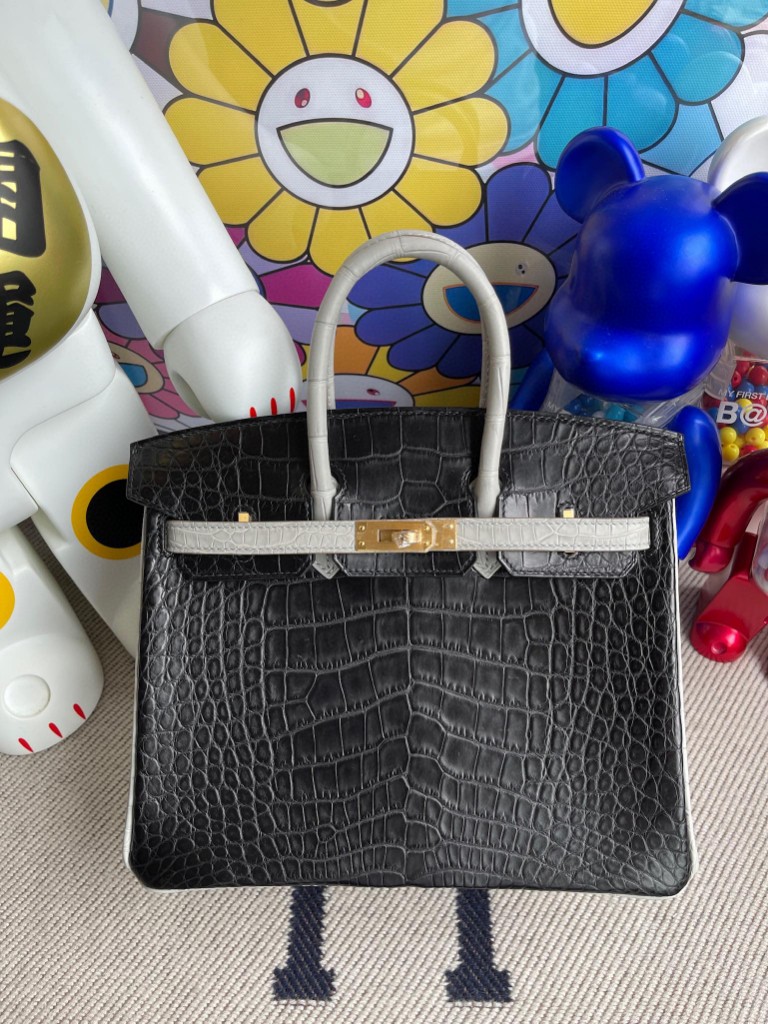 Hermès（爱马仕）Birkin 铂金包 Alligator 马蹄雾面鳄鱼 ck89 黑色 拼 ck80 珍珠灰 磨砂金扣 马蹄印 25cm