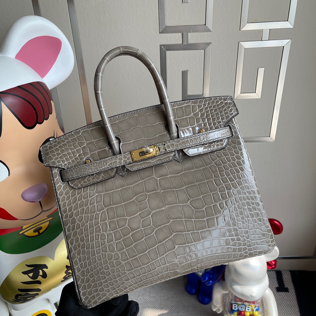 Hermès（爱马仕）Birkin 铂金包 Alligator shiny 亮面鳄鱼 ck81 斑鸠灰 金扣 25cm 顶级手缝