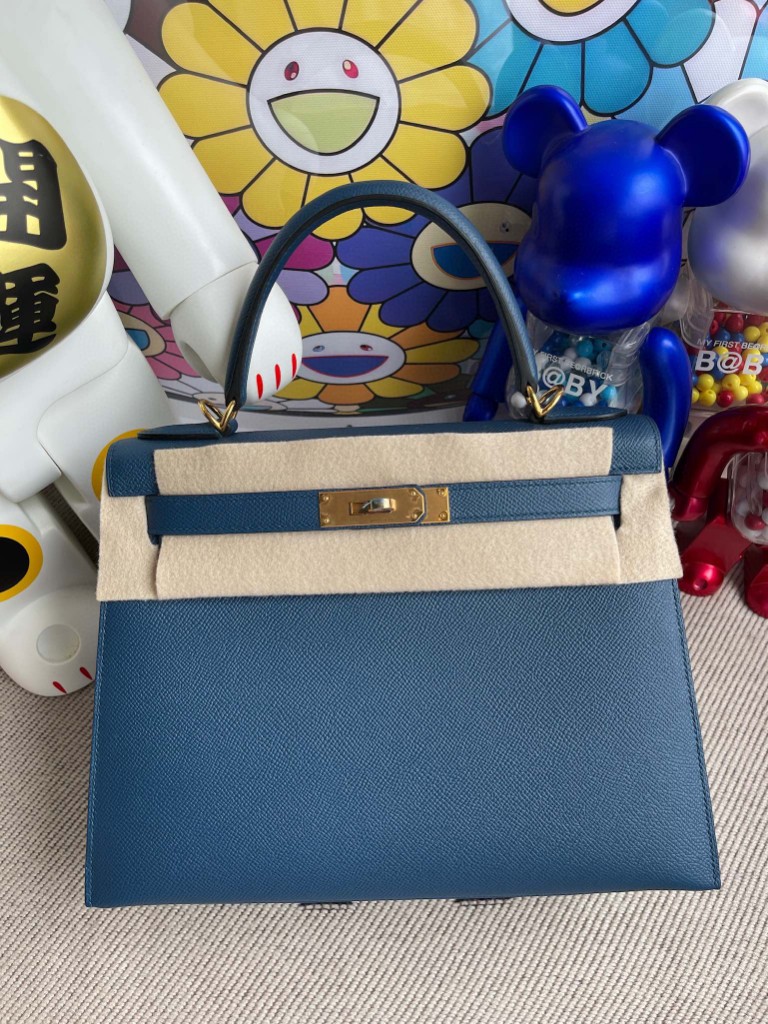 Hermès（爱马仕）Kelly 凯莉包 Epsom 原厂掌纹皮 S4 深邃蓝 deep blue 金扣 28cm 顶级手缝