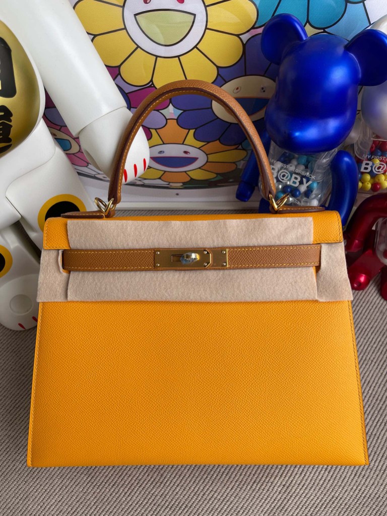 Hermès（爱马仕）Kelly 凯莉包 Epsom 原厂掌纹皮 9V 太阳黄 拼 金棕色 金扣 马蹄印 28cm 顶级手缝