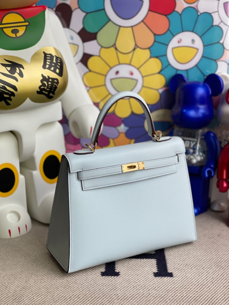 Hermès（爱马仕）Kelly 凯莉包 Epsom 原厂掌纹皮 T0 雾蓝色 金扣 25cm 顶级手缝