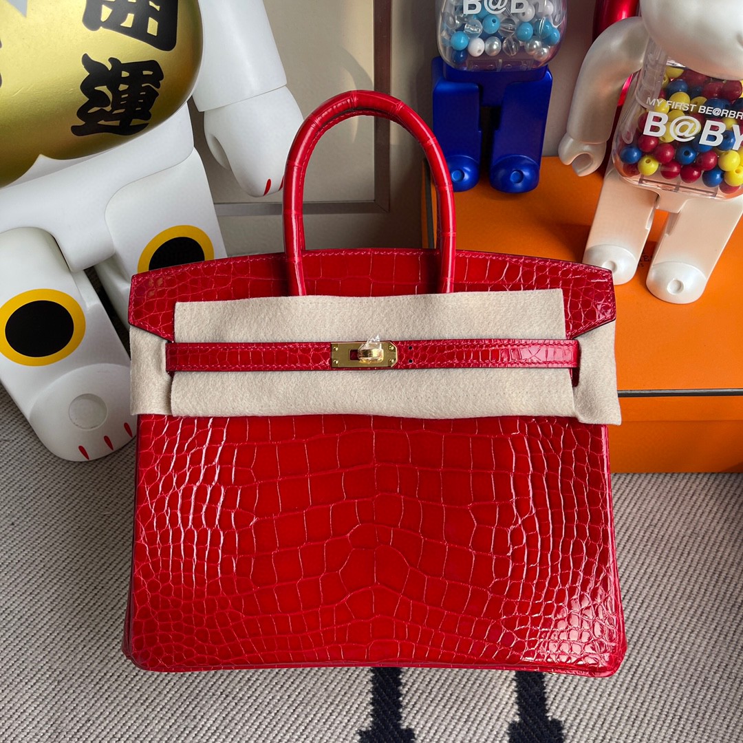 Hermès（爱马仕）Birkin 铂金包 Alligator shiny 亮面鳄鱼 ck95 法拉利红 Braise 金扣 25cm 顶级手缝 现货