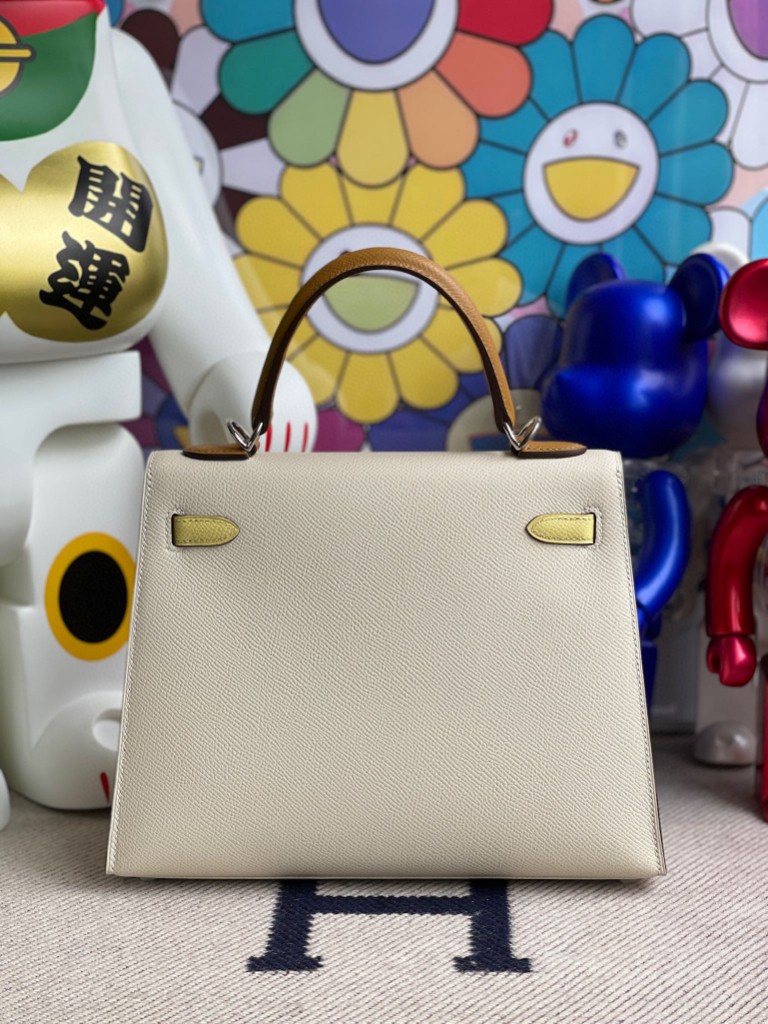 Hermès（爱马仕）Kelly 凯莉包 Epsom 原厂掌纹皮 奶油白拼芝麻色拼小鸡黄 银扣 马蹄印 25cm