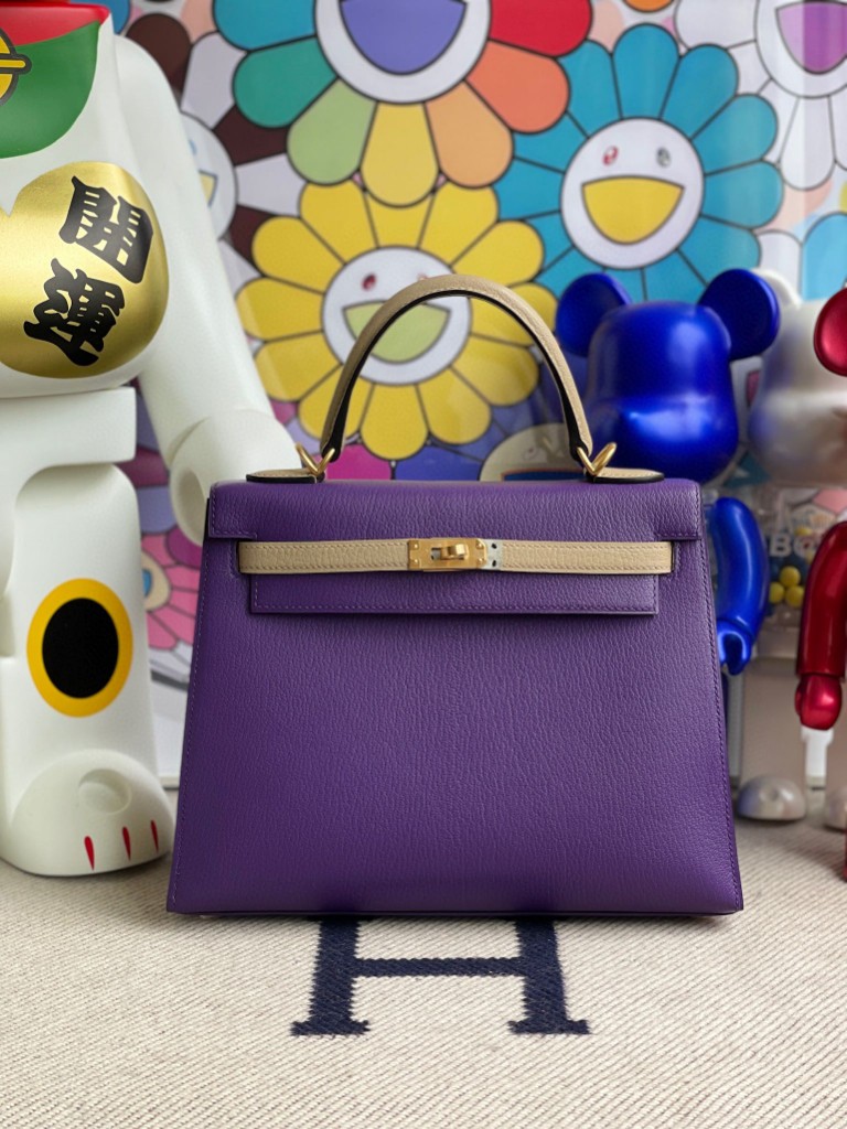Hermès（爱马仕）Kelly 凯莉包 Chevre 山羊皮 9w 梦幻紫 拼81 斑鸠灰 磨砂金扣 马蹄印 25cm 顶级手缝