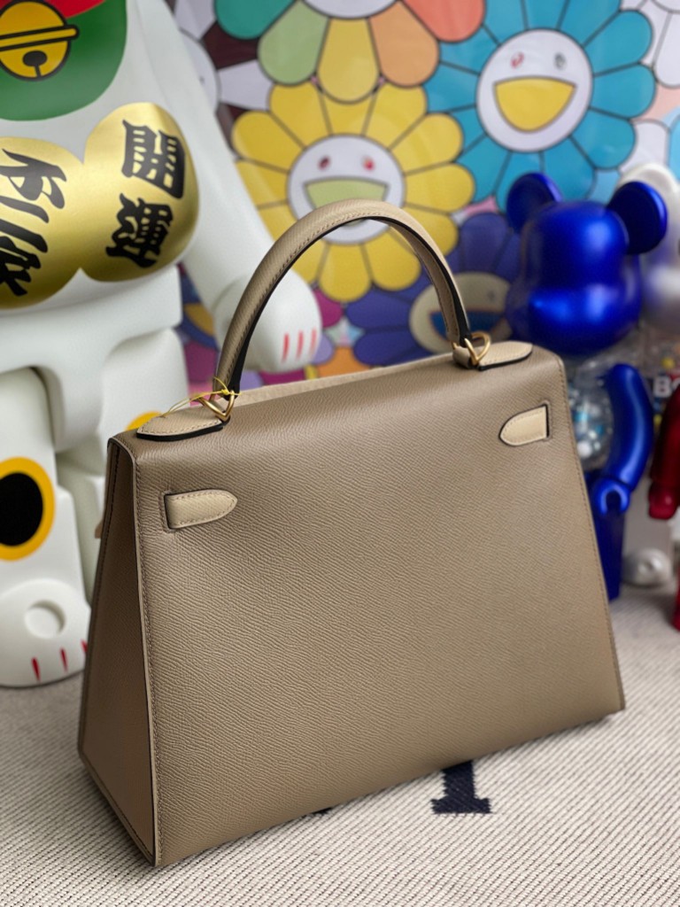 Hermès（爱马仕）Kelly 凯莉包 Epsom 原厂掌纹皮 ck18 大象灰 拼 S2 风衣灰 磨砂金扣 28cm 马蹄印