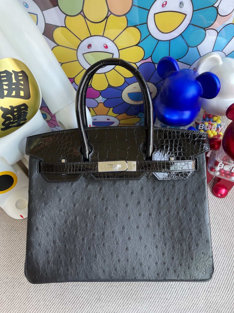 Hermès（爱马仕）Birkin Touch系列 Ostrich crocodile 黑色 银扣 30cm
