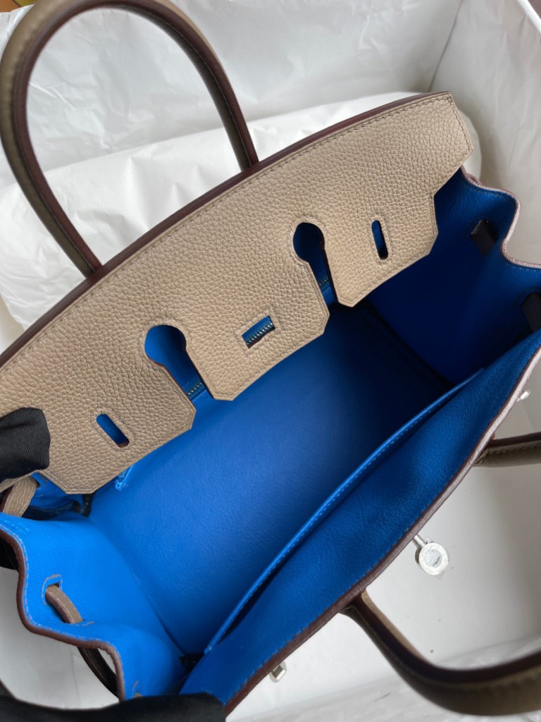 Hermès(爱马仕)Birkin 铂金包 原厂小牛皮 togo ck18 大象灰 内拼水妖蓝 银扣 25cm 顶级手缝-拉尔森鳄鱼皮具定制 - 爱马仕包包官网 Hermès(爱马仕)Birkin 铂金包 原厂小牛皮 togo ck18 大象灰 内拼水妖蓝 银扣 25cm 顶级手缝