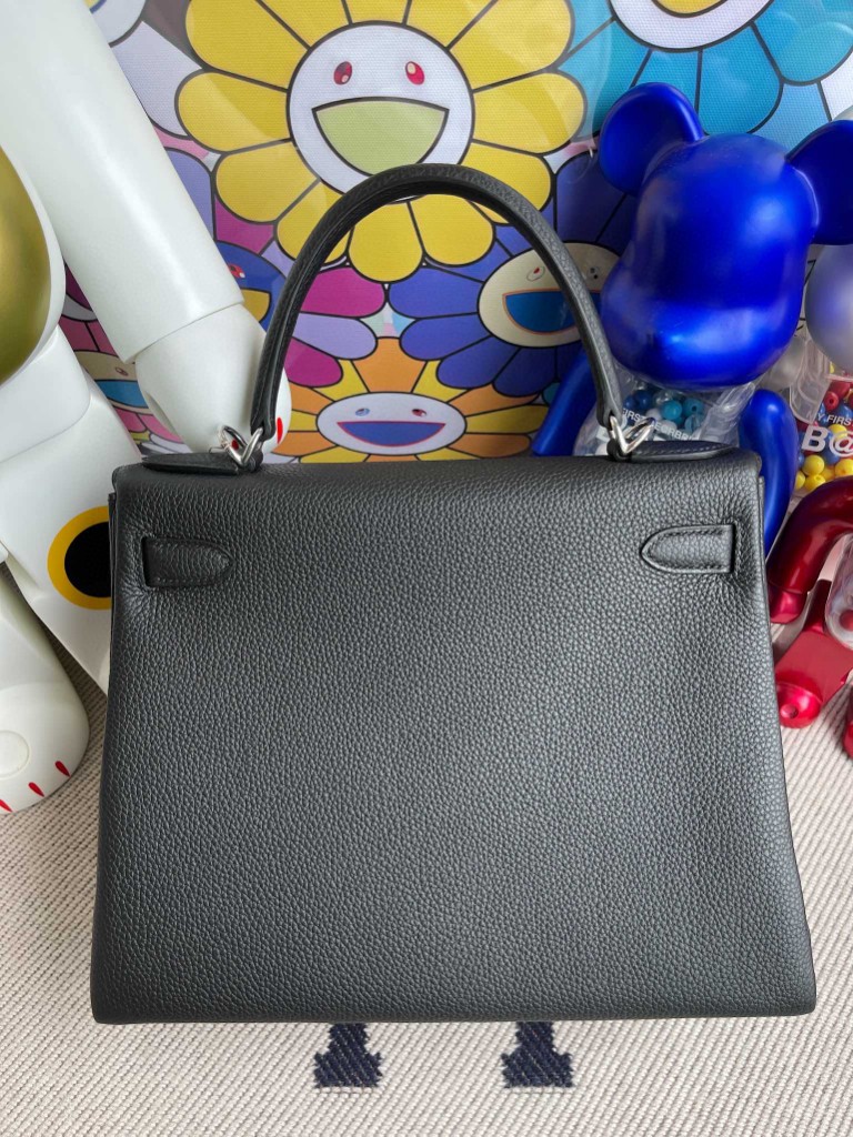 Hermès（爱马仕）Kelly 凯莉包 原厂小牛皮 Togo ck89 黑色 Noir 银扣 28cm 顶级手缝