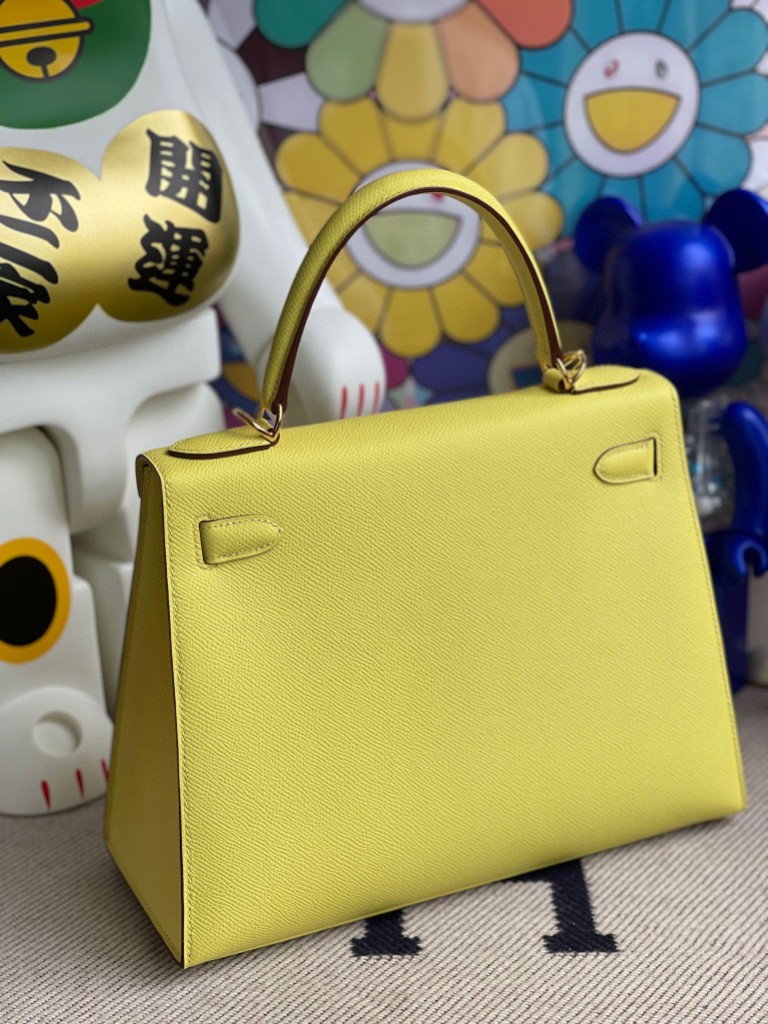 Hermès（爱马仕）Kelly 凯莉包 Epsom 原厂掌纹皮 9R 柠檬黄 Lime 金扣 28cm 顶级手缝