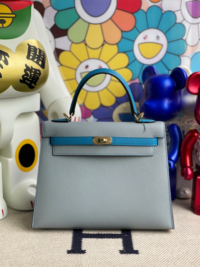 Hermès（爱马仕）Kelly 凯莉包 Epsom 原厂掌纹皮 亚麻蓝拼坦桑尼亚蓝 金扣 25cm 顶级手缝