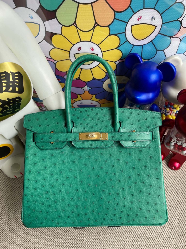 Hermès（爱马仕）Birkin 铂金包 Ostrich kk鸵鸟 U4 丝绒绿内拼唇膏粉 金扣 30cm 马蹄印 顶级手缝