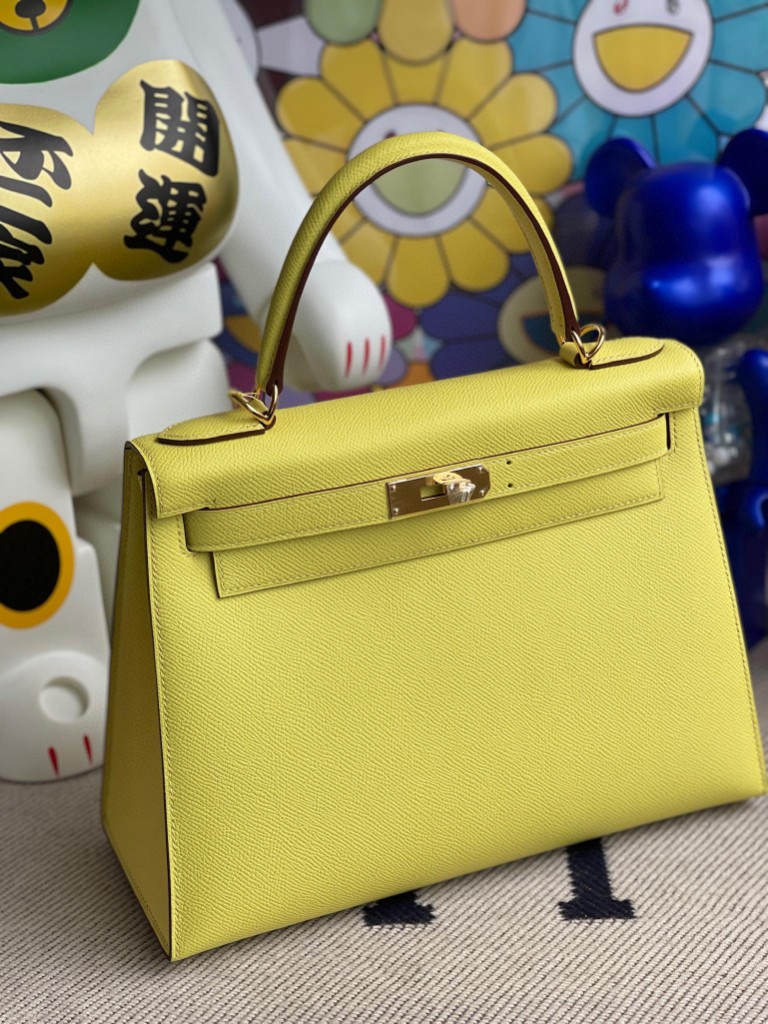 Hermès（爱马仕）Kelly 凯莉包 Epsom 原厂掌纹皮 9R 柠檬黄 Lime 金扣 28cm 顶级手缝