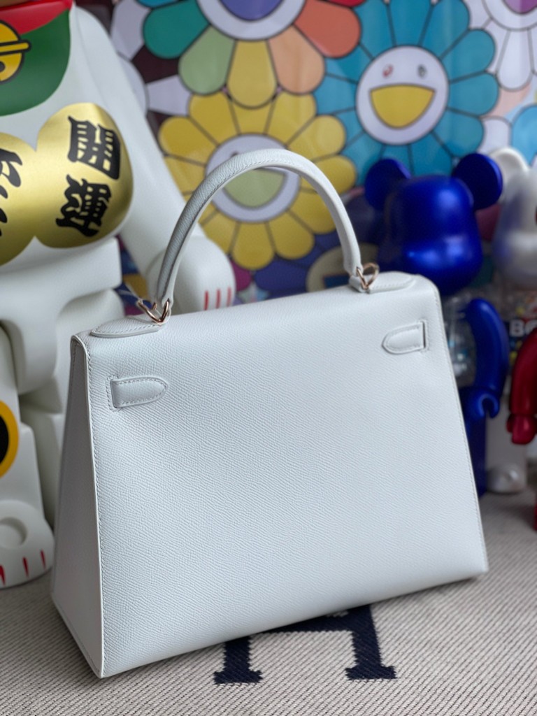 Hermès（爱马仕）Kelly 凯莉包 Epsom 原厂掌纹皮 01 纯白 White 白雪公主 玫瑰金扣 rose gold 28cm 顶级手缝