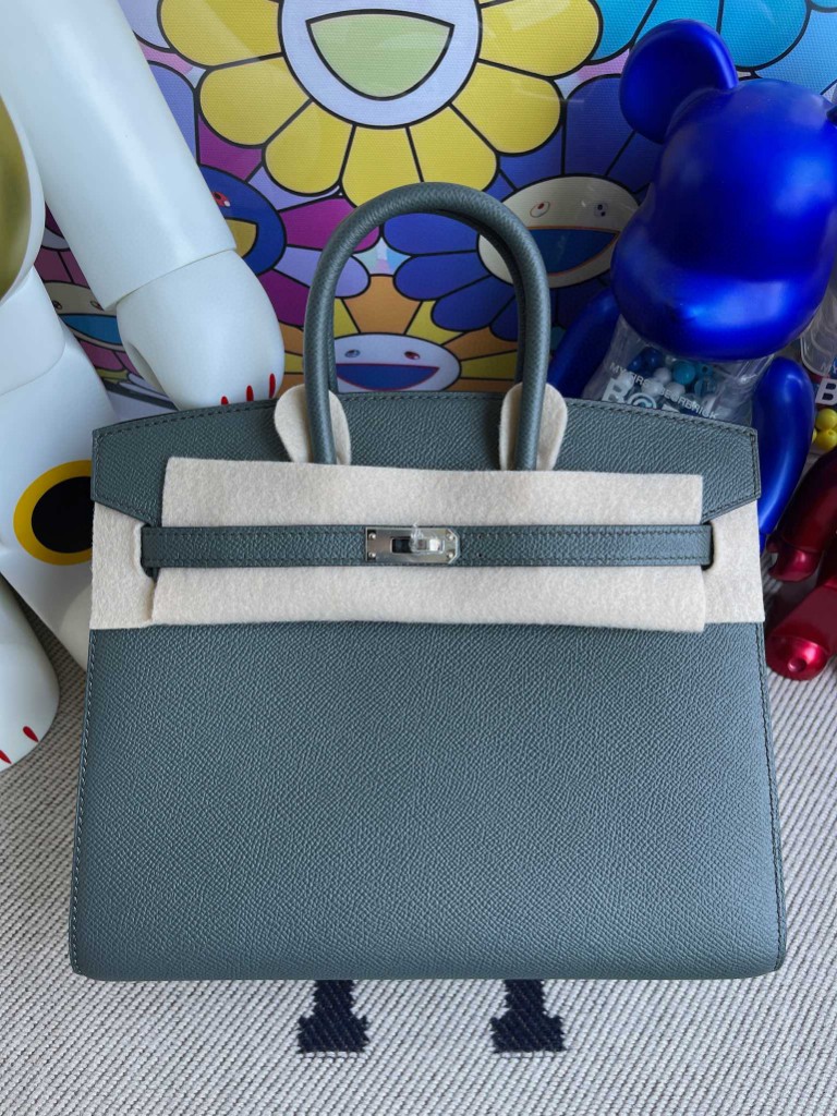 Hermès（爱马仕）Birkin 铂金包 Epsom 原厂掌纹皮灰 绿色 银扣 25cm 顶级手缝