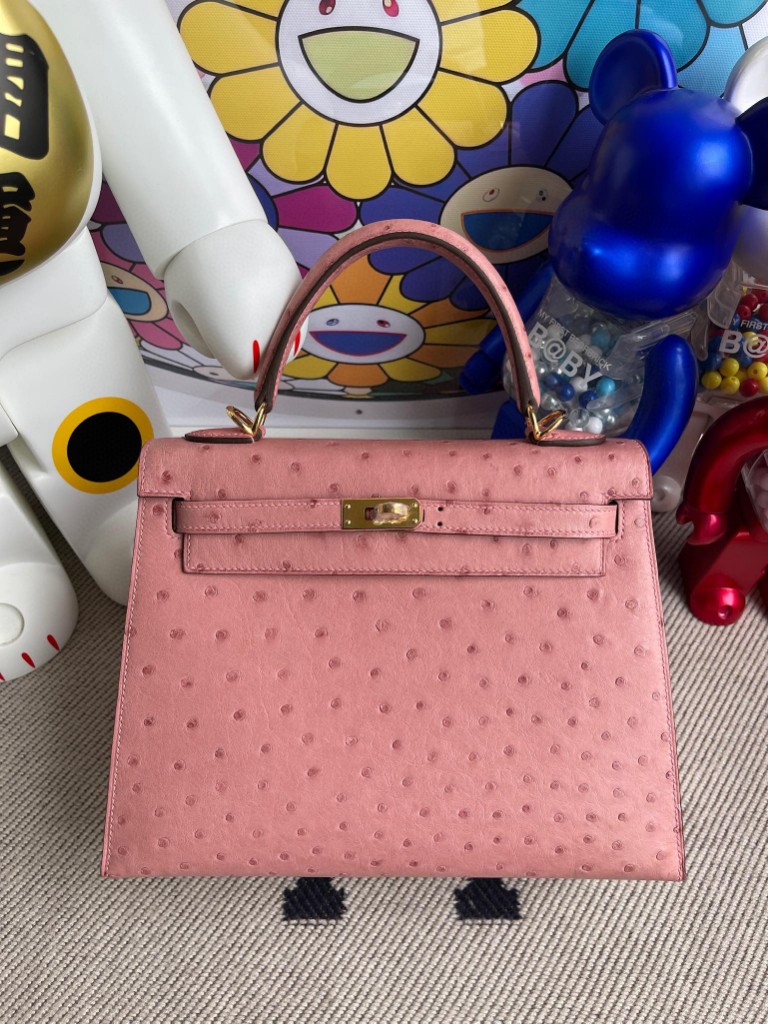 Hermès（爱马仕）Kelly 凯莉包 Ostrich kk鸵鸟 cc94 陶瓷粉 金扣 25cm 顶级手缝 定制