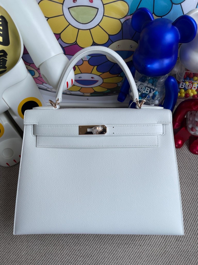 Hermès（爱马仕）Kelly 凯莉包 Epsom 原厂掌纹皮 01 纯白 White 白雪公主 玫瑰金扣 rose gold 28cm 顶级手缝