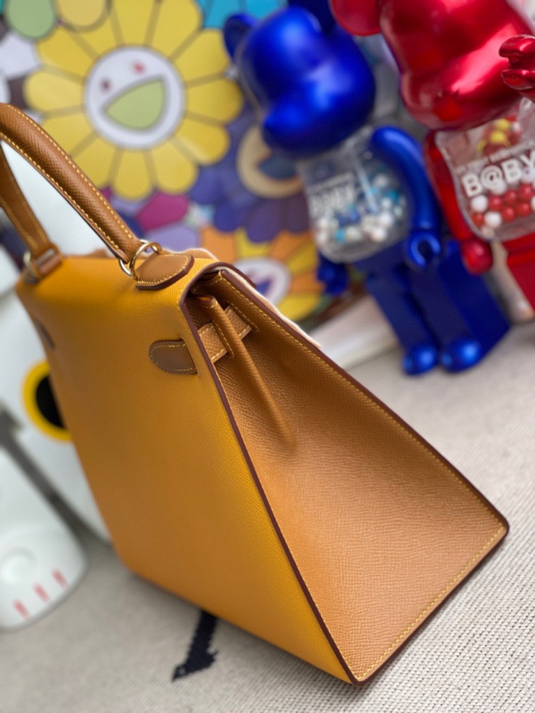 Hermès（爱马仕）Kelly 凯莉包 Epsom 原厂掌纹皮 9V 太阳黄 拼 金棕色 金扣 马蹄印 28cm 顶级手缝
