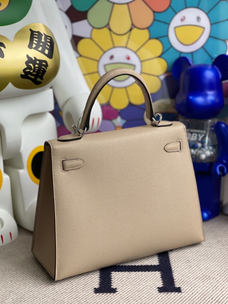 Hermès（爱马仕）Kelly 凯莉包 Epsom 原厂掌纹皮 S2 风衣灰 Trench 银扣 25cm 顶级手缝
