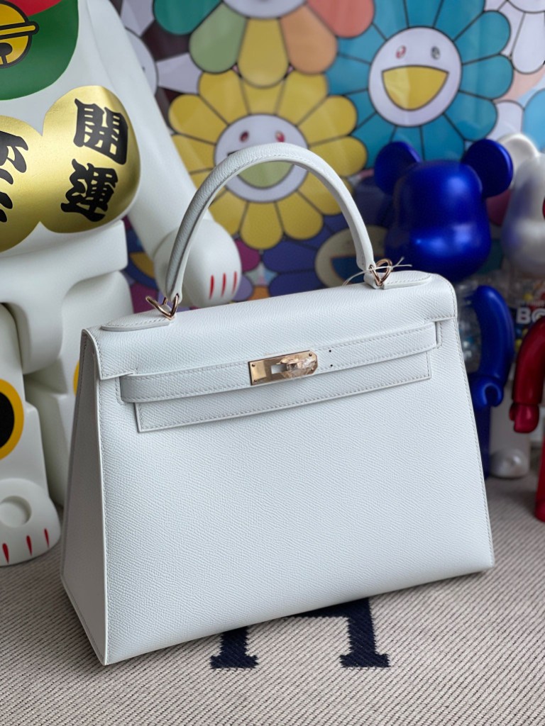 Hermès（爱马仕）Kelly 凯莉包 Epsom 原厂掌纹皮 01 纯白 White 白雪公主 玫瑰金扣 rose gold 28cm 顶级手缝