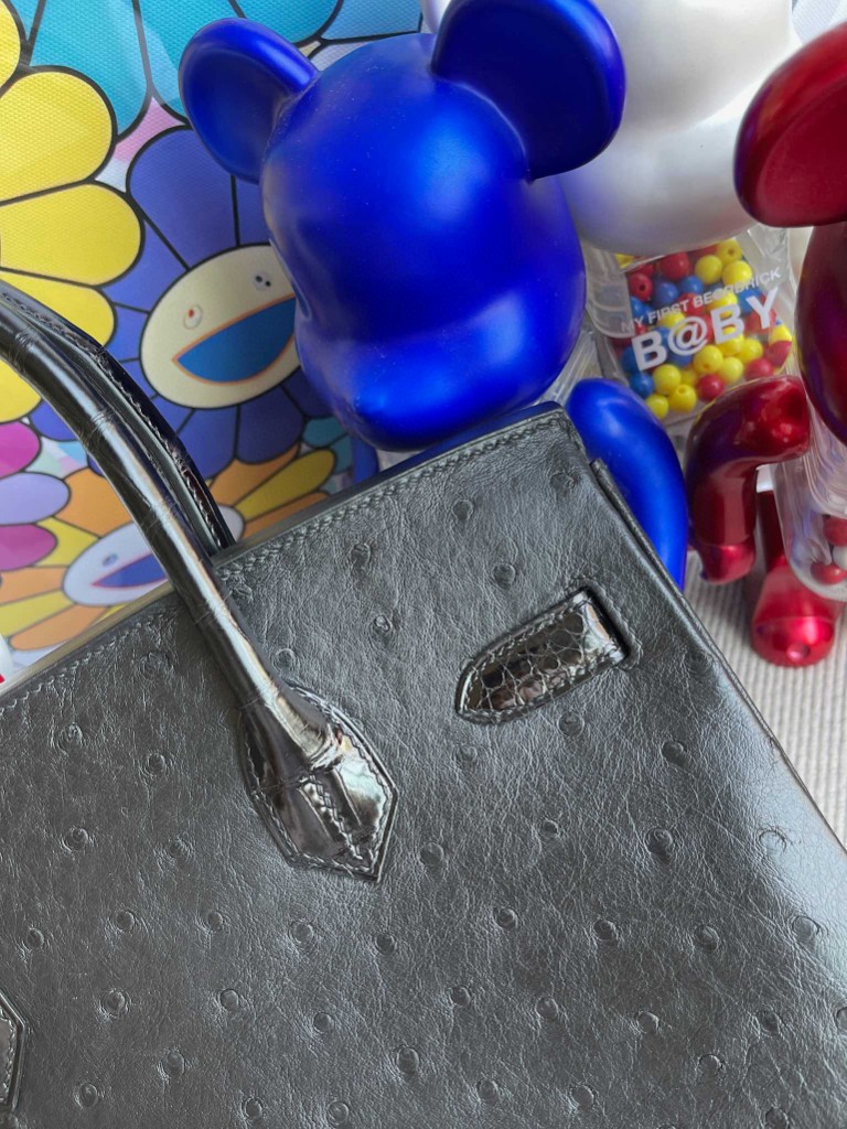 Hermès（爱马仕）Birkin Touch系列 Ostrich crocodile 黑色 银扣 30cm
