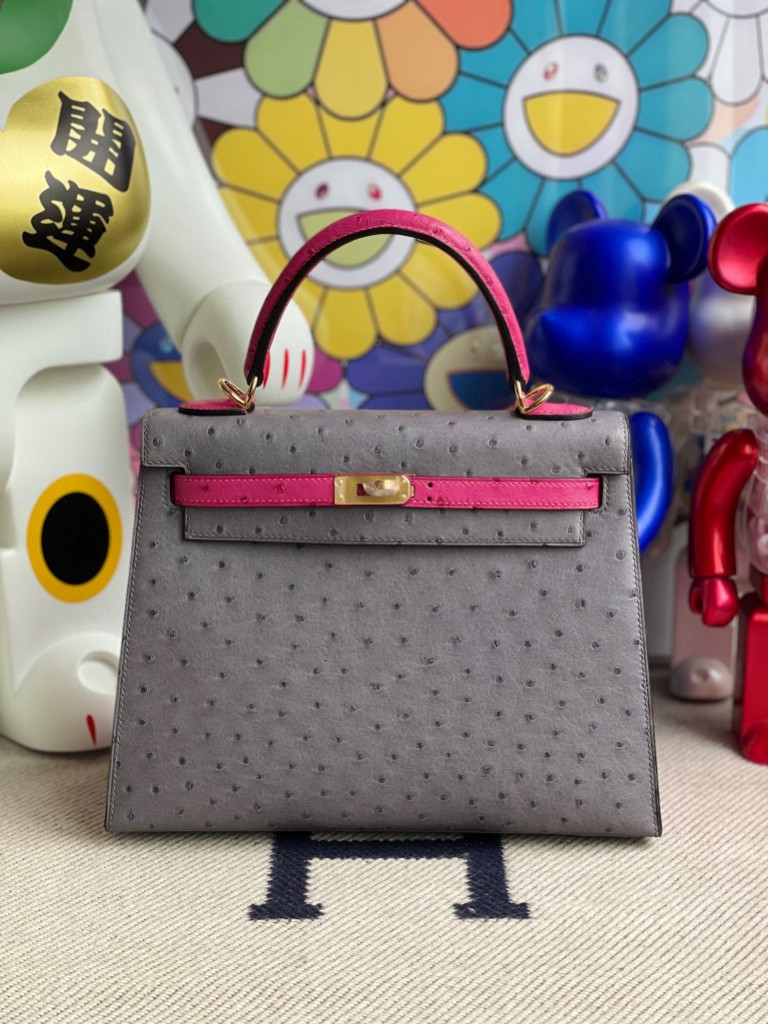 Hermès（爱马仕）Kelly 凯莉包 Ostrich kk鸵鸟 玛瑙灰拼桃粉 金扣 25cm 马蹄印 顶级手缝