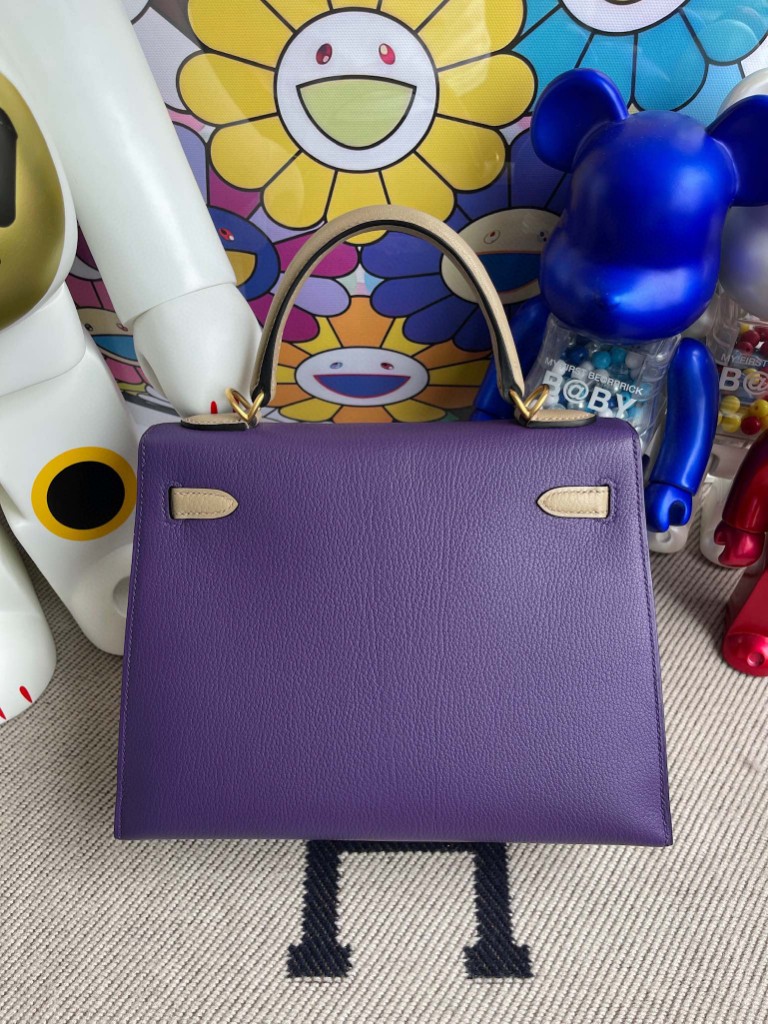 Hermès（爱马仕）Kelly 凯莉包 Chevre 山羊皮 9w 梦幻紫 拼81 斑鸠灰 磨砂金扣 马蹄印 25cm 顶级手缝