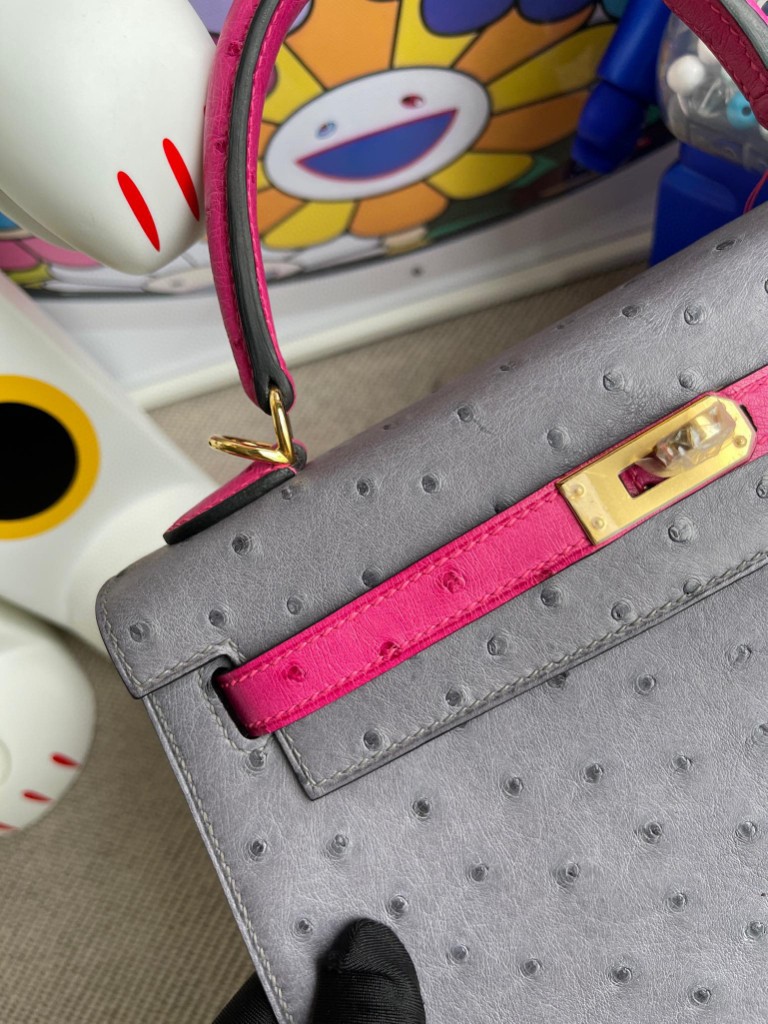 Hermès（爱马仕）Kelly 凯莉包 Ostrich kk鸵鸟 玛瑙灰拼桃粉 金扣 25cm 马蹄印 顶级手缝
