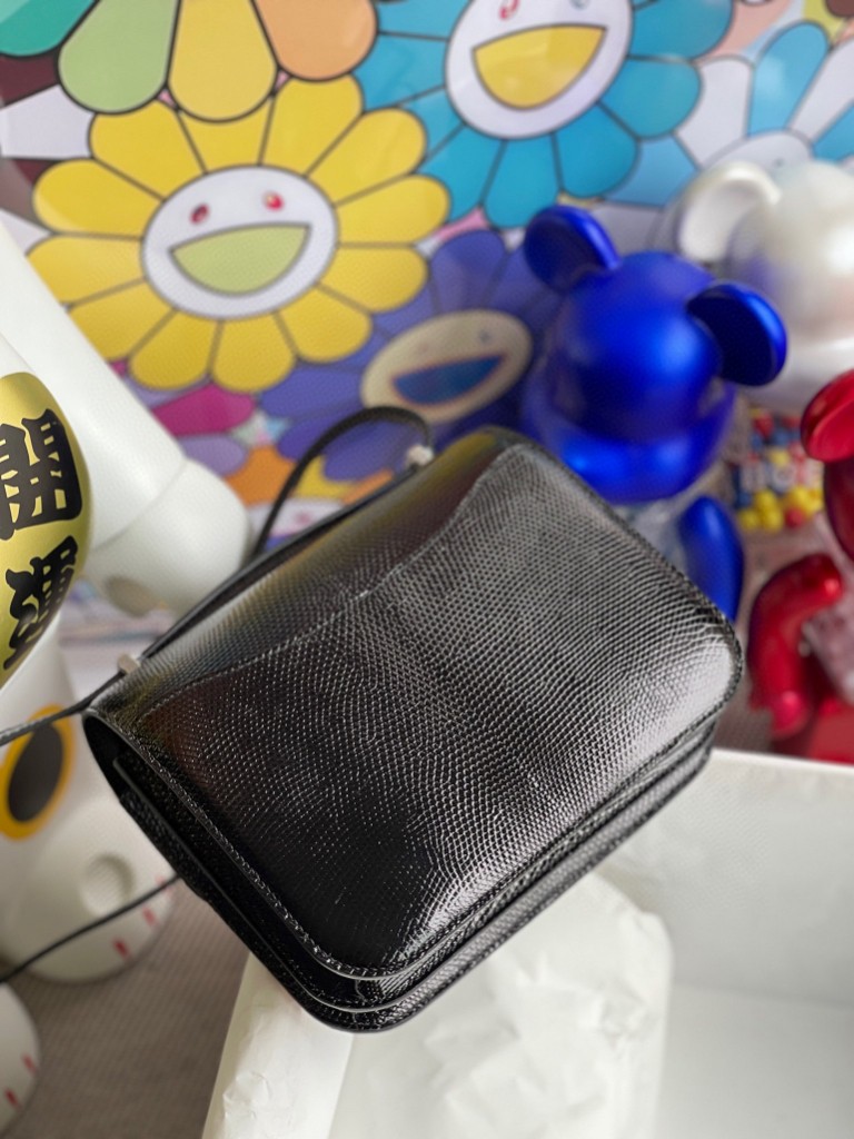 Hermès（爱马仕）Constance 空姐包 Lizard 进口亮面蜥蜴ck89 黑色 Noir 银扣 18cm 顶级手缝