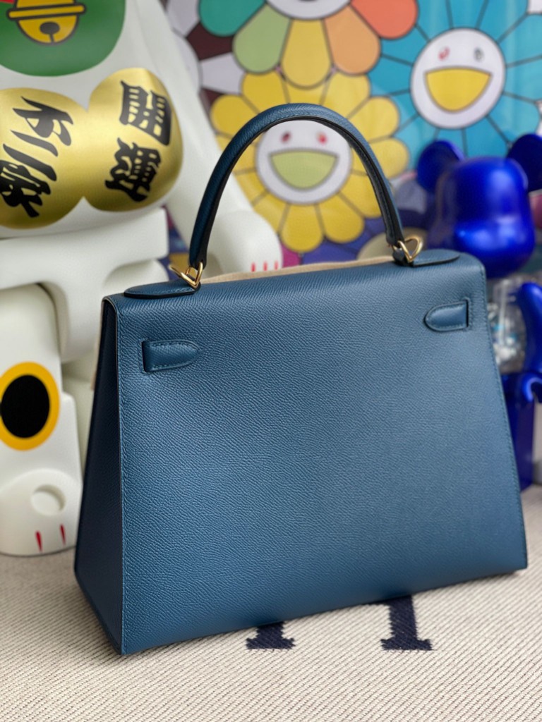 Hermès（爱马仕）Kelly 凯莉包 Epsom 原厂掌纹皮 S4 深邃蓝 deep blue 金扣 28cm 顶级手缝