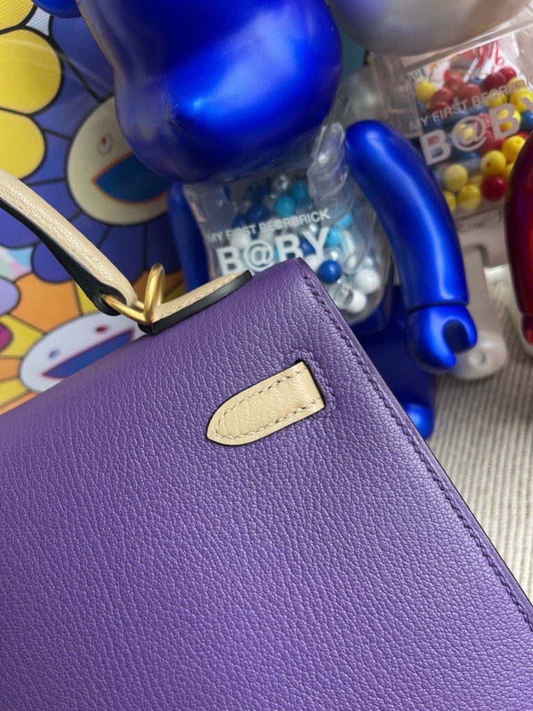 Hermès（爱马仕）Kelly 凯莉包 Chevre 山羊皮 9w 梦幻紫 拼81 斑鸠灰 磨砂金扣 马蹄印 25cm 顶级手缝